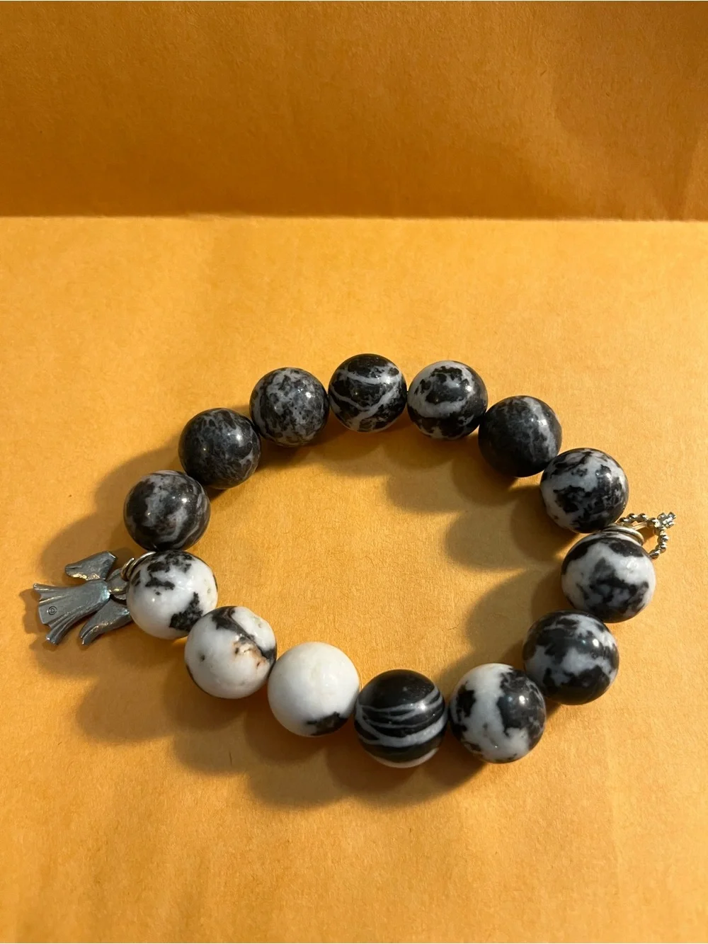 Black and White Marble Jasper Bead Bracelet with Angel Charm